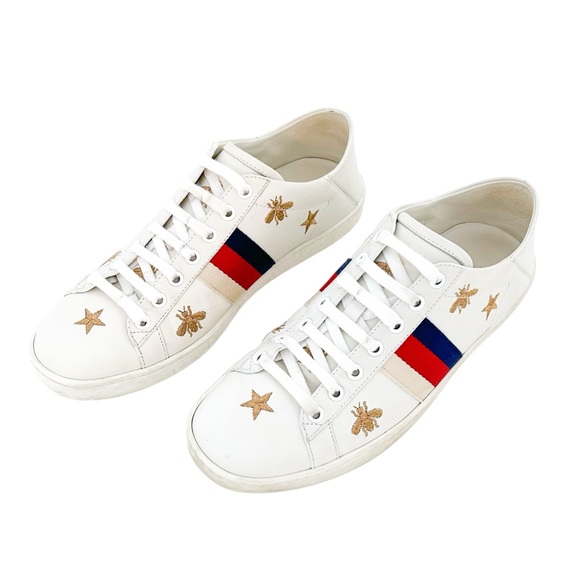 Gucci Ace Bee Star Embroidered White Leather Low Top Shoes Sneakers EU 39 / US 9 - Picture 1 of 11